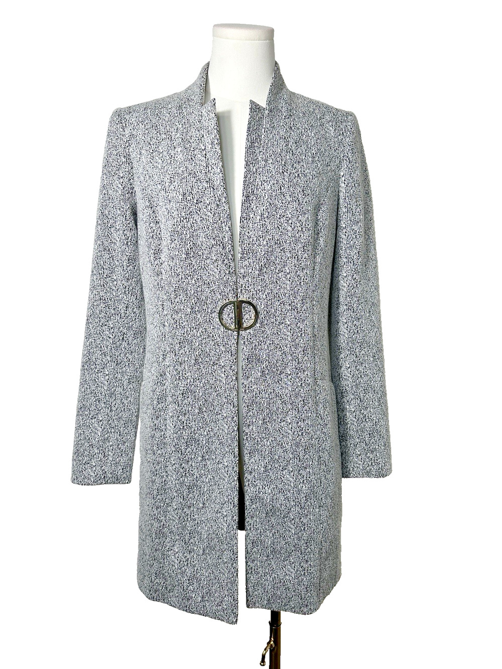 DKNY Petite D-Ring Topper Jacket Black White Marled Open Front Size 2